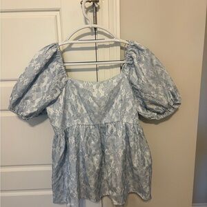 Entro Light Blue Floral Lace Puff Sleeve Blouse